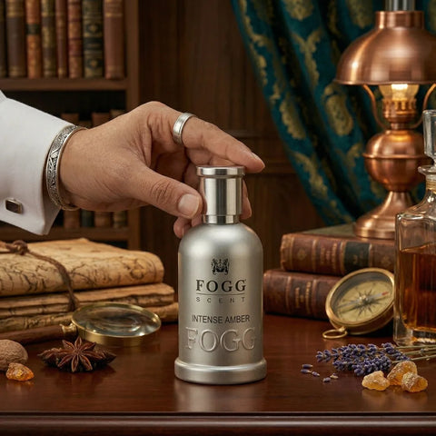 Fogg Intense Amber for Men Eau de Parfum spray 100ml bottle, amber-colored liquid with sleek packaging.