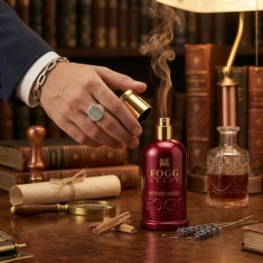 Fogg Intense Wood Eau de Parfum spray for men, 100ml bottle, featuring a sleek design and woody fragrance.