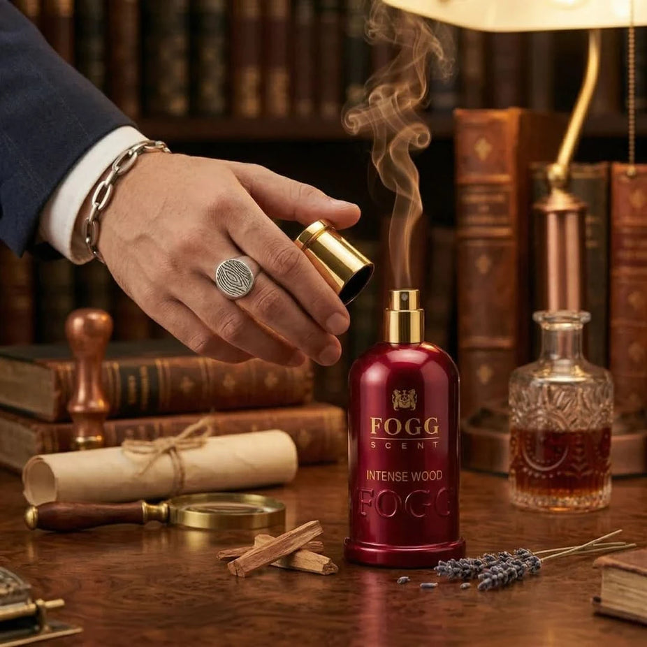 Fogg Intense Wood Eau de Parfum spray for men, 100ml bottle with sleek design, showcasing the fragrance's sophisticated packaging.
