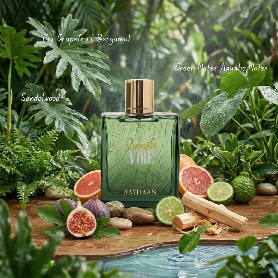 Rayhaan Jungle Vibe Eau de Parfum spray 100ml bottle, featuring vibrant jungle-inspired fragrance design.