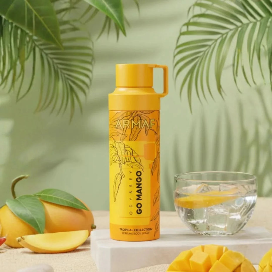 Odyssey Go Mango deodorant spray by Armaf, 200ml, showcasing the sleek bottle design and vibrant mango-inspired label.