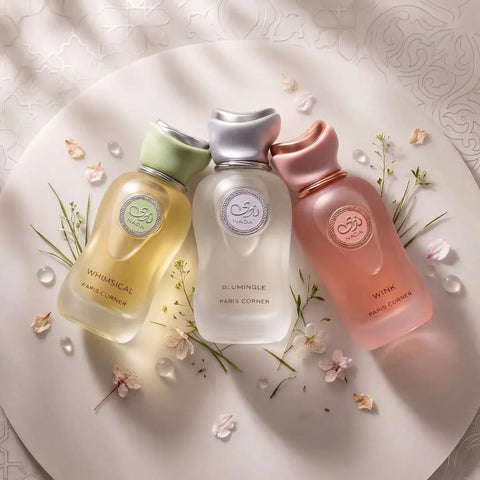 Bundle of Paris Corner Nada Blumingle, Wink, and Whimsical Eau de Parfum sprays in 100ml bottles, featuring colorful packaging.