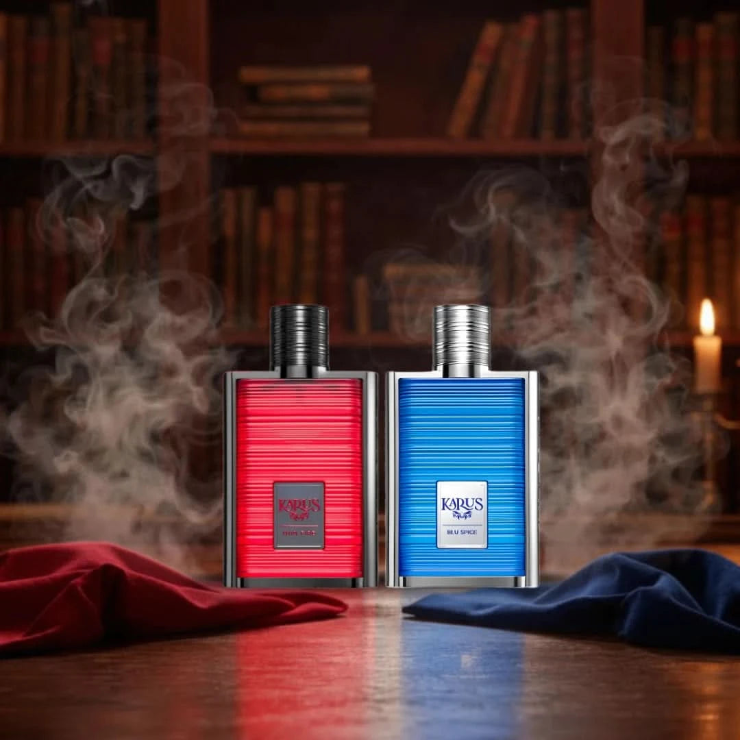 Khusdlaj Karus Blu Spice and Oud Fire Eau de Parfum bundle, 100ml bottles, featuring vibrant, aromatic fragrance bottles.