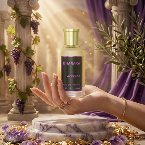 Bharara Goddess Eau de Parfum spray 100ml bottle, elegant design, showcasing the BHARARA brand and product details.