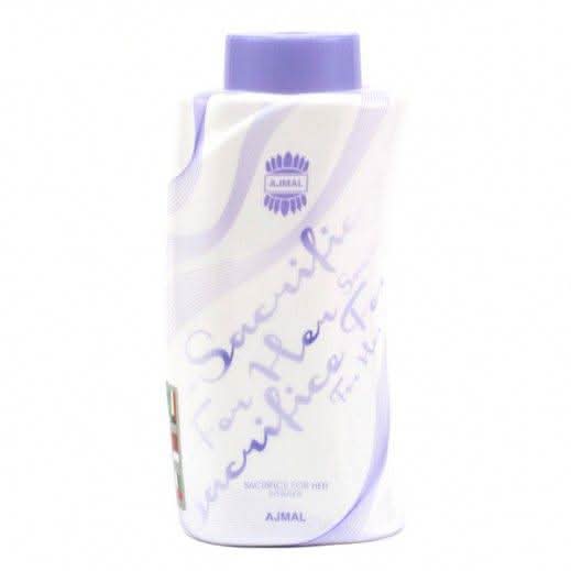 Ajmal Sacrifice Powder for Her in a 100g container, showcasing the powder's texture and packaging.