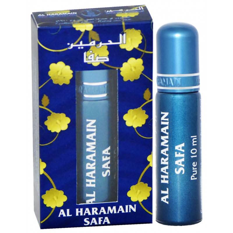 Al Haramain Safa Perfume Oil 10ml bottle, concentrated perfume oil with a sleek design, showcasing the luxurious fragrance packaging.