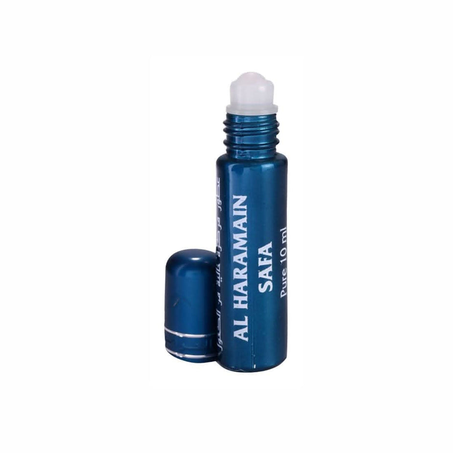 Al Haramain Safa Perfume Oil 10ml bottle, concentrated perfume oil with elegant packaging, by Al Haramain, shown in a close-up image.