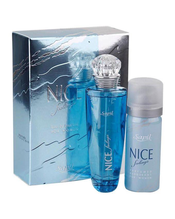 Sapil Nice Feelings EDP women deodorant bottles with pouch, featuring 50ml and 35ml sizes, elegant packaging and floral design.