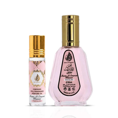 Pink Blush Shams Al Emarat perfume oil and Eau de Parfum spray by Ard Al Zaafaran in a bundle, featuring pink packaging and elegant bottles.