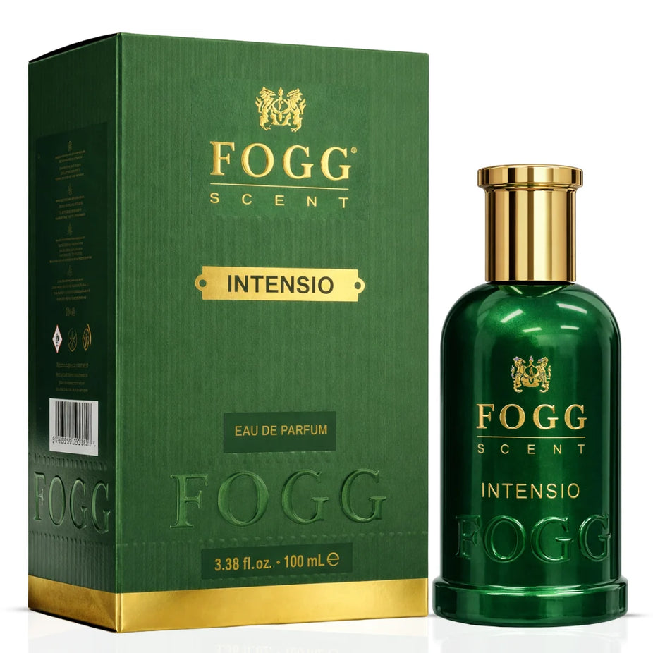 Fogg Intensio for Men Eau de Parfum spray 100ml bottle, sleek design, available in black and silver packaging.