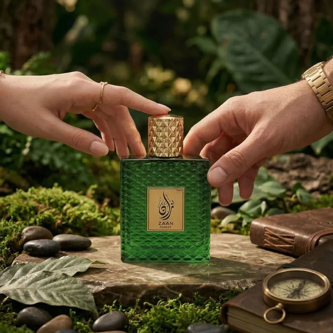 Aura Fragrances Zaan Forest Eau De Parfum spray bottle, 100ml, with elegant packaging and forest-inspired design.