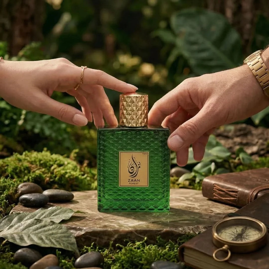 Aura by Aura Zaan Forest Eau De Parfum Spray 100ml, elegant fragrance bottle with lush forest-themed design.