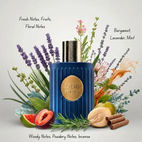 Khadlaj Azure and Cream Velvet Eau de Parfum Spray bundle, 100ml, featuring luxurious velvet fragrance bottles in elegant packaging