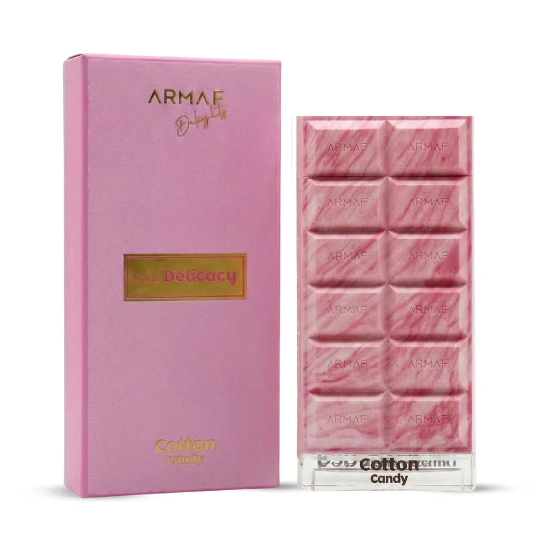 Dubai Delicacy Cotton Candy Eau de Parfum spray by Armaf, 70ml, featuring a sleek bottle with pink and gold accents.