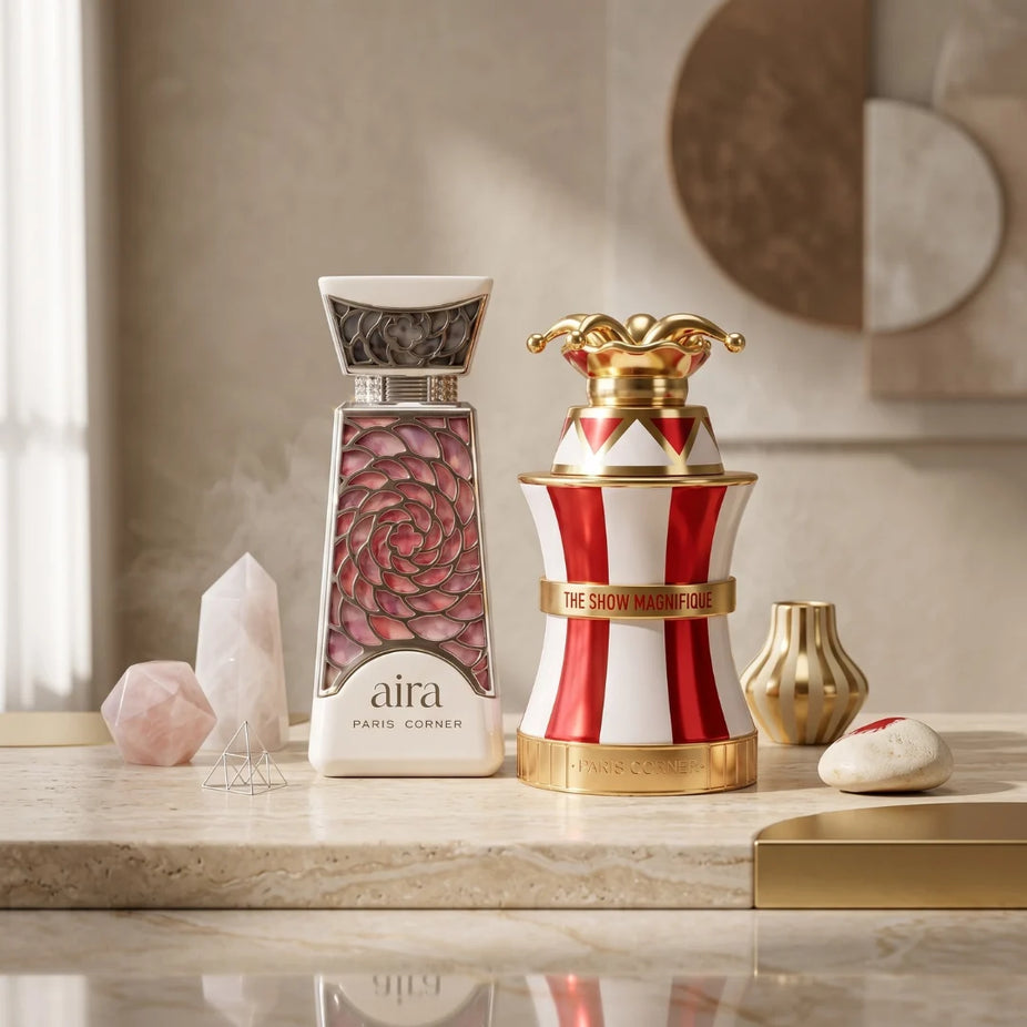 Paris Corner The Show Magnifique & Aira Eau De Parfum bundle, 100ml spray bottles, elegant fragrance packaging.