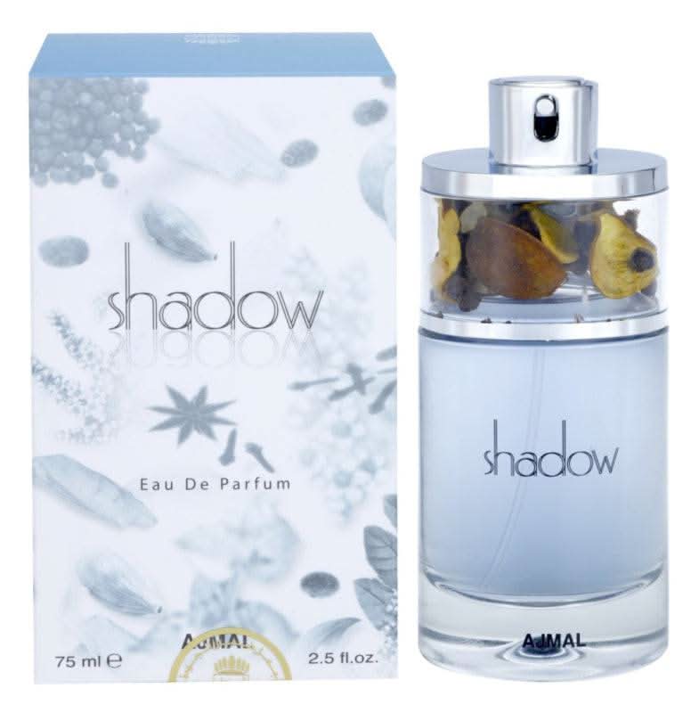 Ajmal Shadow Men Eau De Parfum 75ml bottle with sleek design and dark packaging, representing a masculine fragrance.