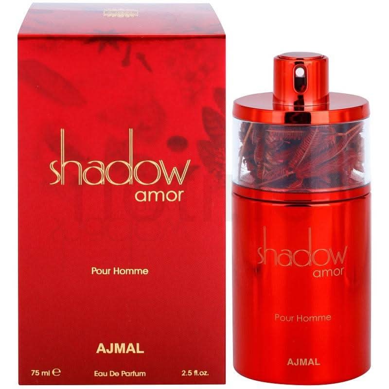 Ajmal Shadow Amor for Men Eau De Parfum 75ml bottle, sleek dark container with elegant branding and subtle design details.