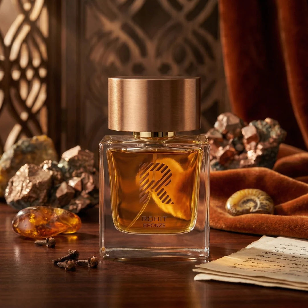 Bharara Rohit Bronze Eau de Parfum spray bottle, 100ml (3.4 oz), with a sleek bronze-colored packaging and stylish cap.