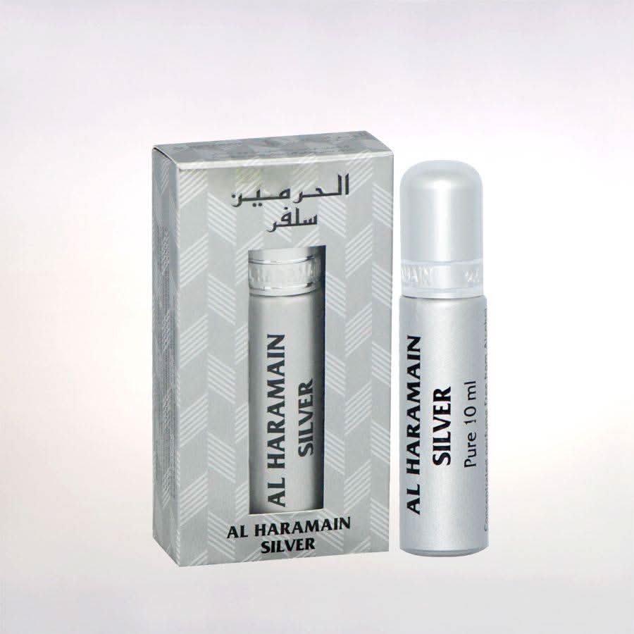 Al Haramain Silver Perfume Oil in a 10ml bottle, featuring a sleek silver design and elegant packaging for concentrated fragrance.