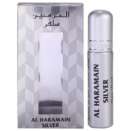 Al Haramain Silver Perfume Oil 10ml in a sleek silver bottle, showcasing the concentrated perfume oil by Al Haramain.