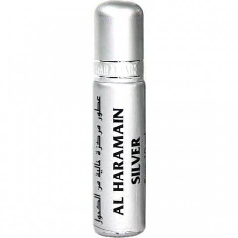 Al Haramain Silver Perfume Oil in a 10ml bottle, showcasing a sleek silver container with the brand label and elegant design.
