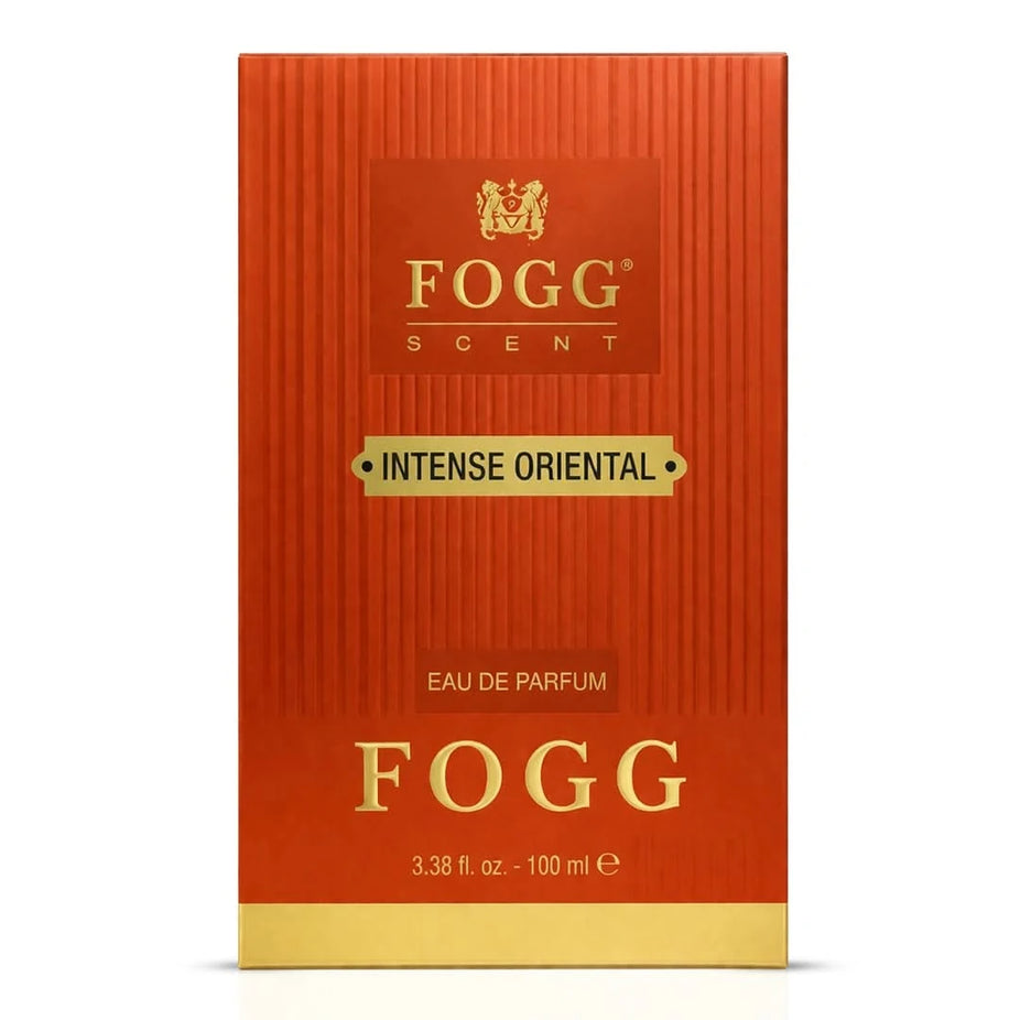 Fogg Intense Oriental Eau de Parfum spray for men, 100ml bottle with dark, elegant packaging and a sleek fragrance bottle design.