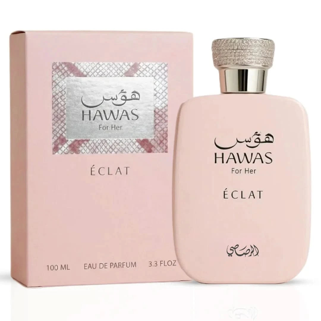 Bundle of Rasasi Hawas Black and Hawas For Her Eclat Eau de Parfum spray bottles, featuring elegant fragrance packaging.