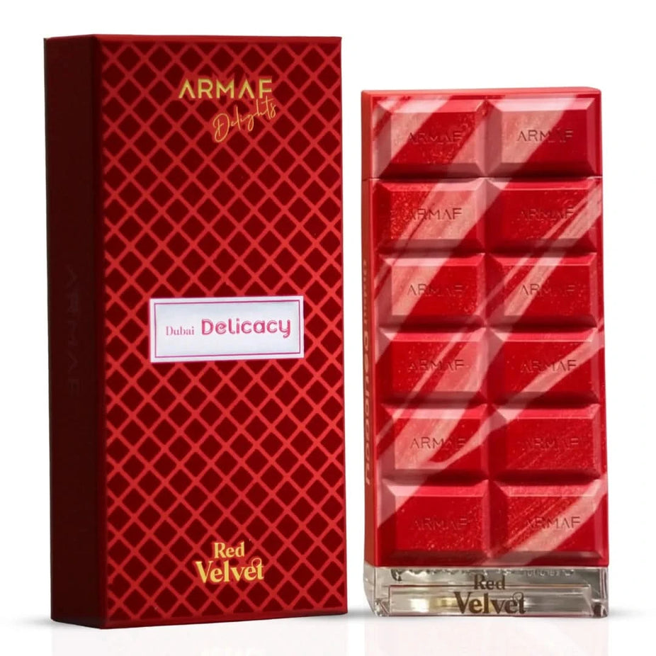 Armaf Dubai Delicacy Red Velvet Eau de Parfum spray 70ml, elegant bottle with red velvet design and floral accents.