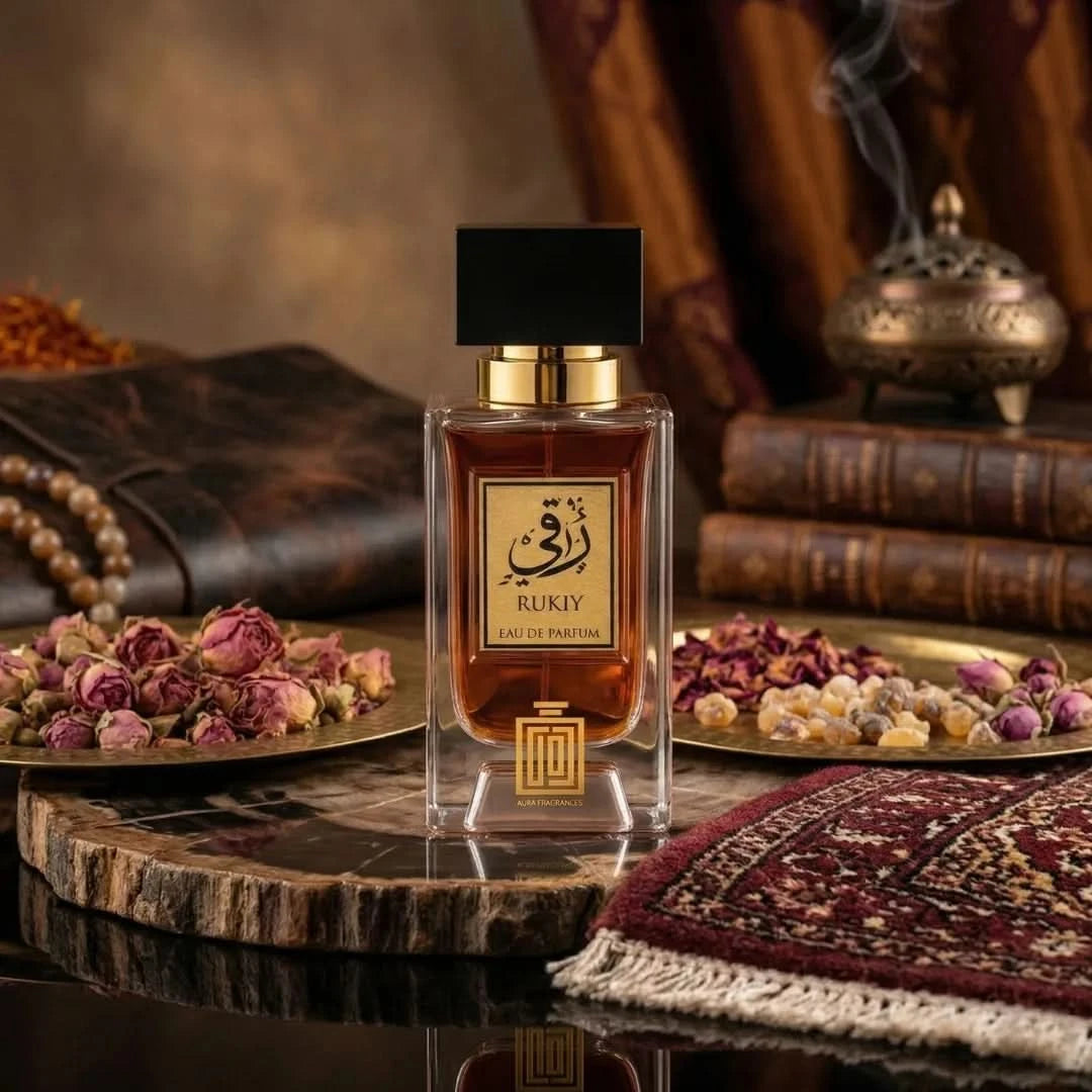 Aura Fragrances Rukiy Eau De Parfum Spray 100ml, elegant glass bottle showcasing the luxury EDP fragrance inside.