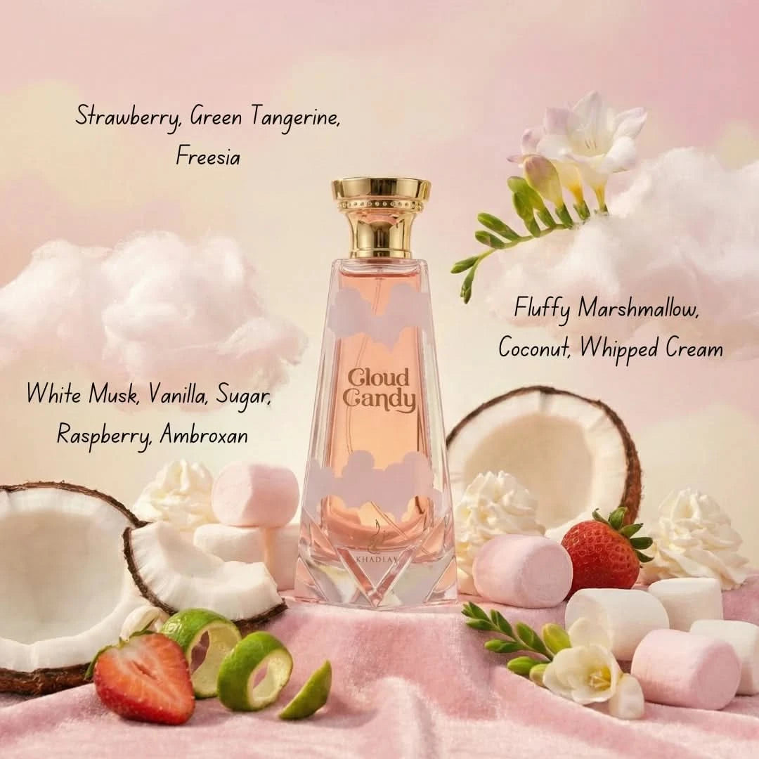 Khadlaj Cloud Candy Eau de Parfum Spray 100ml with floral and sweet notes, elegant bottle, and modern design.