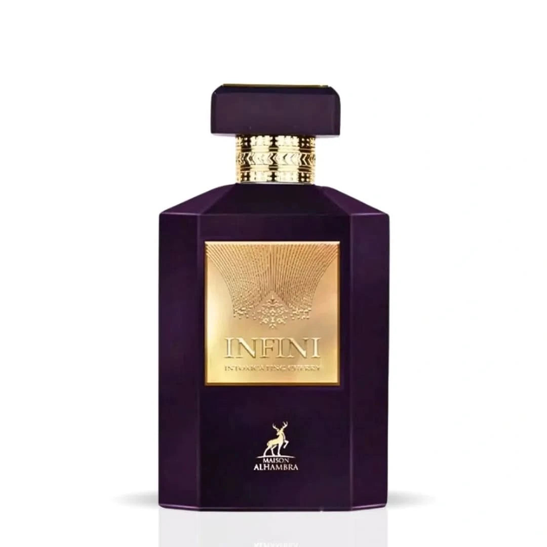 Maison Alhambra Infini Intoxicating Cherry Eau de Parfum spray in 100ml bottle with velvet pouch, featuring rich cherry scent.