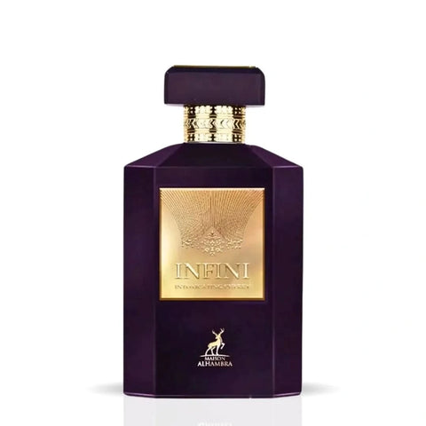 Maison Alhambra Infini Intoxicating Cherry Eau de Parfum spray in 100ml bottle with velvet pouch, featuring rich cherry scent.