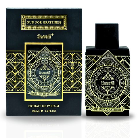 Surrati Dark Effect & Oud For Grateness EDP spray 100ml bottle with rich, exotic fragrance for men and women.
