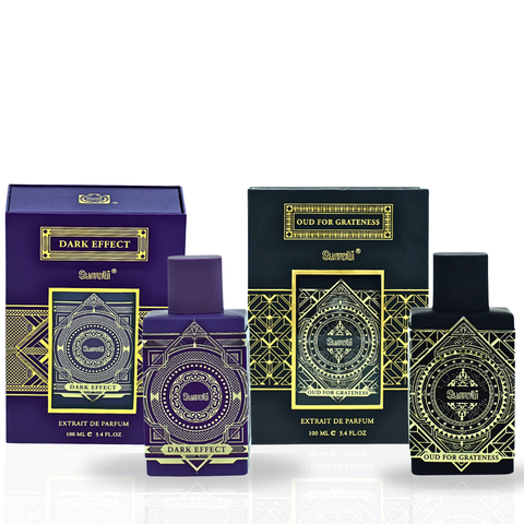 Surrati Dark Effect & Oud For Grateness EDP spray bottles, 100ml, featuring exotic fragrances for men and women.