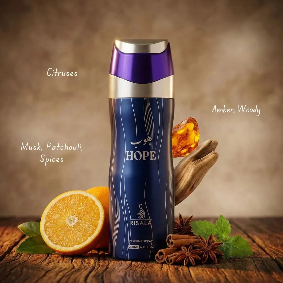 RISALA Hope Eau De Parfum spray 100ml and perfumed body spray 200ml bundle, featuring elegant bottles and floral scents.