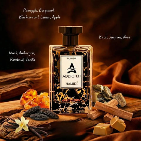 Addicted Absolutely Intense Eau de Parfum spray by Hamidi, 110ml bottle, featuring a sleek design and luxurious fragrance.