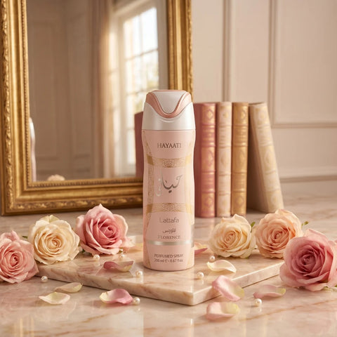 Lattafa Hayaati Florence deodorant spray bottle, 200ml, with floral and fresh scent design.