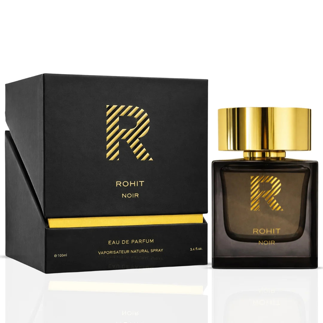 Rohit Noir Eau de Parfum spray by Bharara, 100ml bottle, featuring sleek black packaging and elegant design.