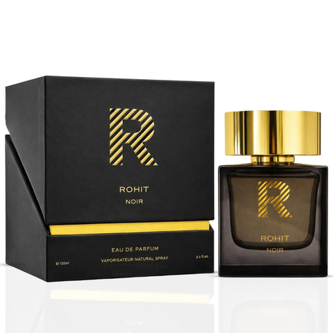 Rohit Noir Eau de Parfum spray by Bharara, 100ml bottle, featuring sleek black packaging and elegant design.