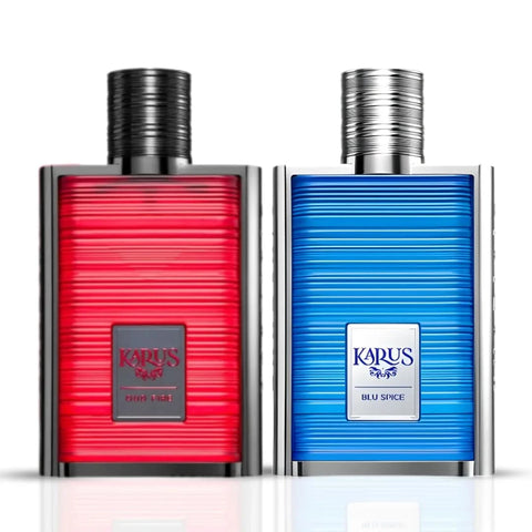 Khusdaj Karus Blu Spice and Karus Oud Fire Eau de Parfum Spray bundle, 100ml, featuring aromatic, oriental fragrance bottles.