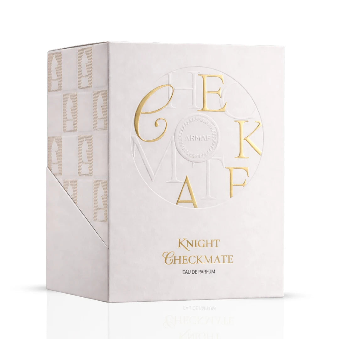 Checkmate White Knight Eau De Parfum spray by Armaf, 100ml, featuring a sleek bottle design and elegant white accents.