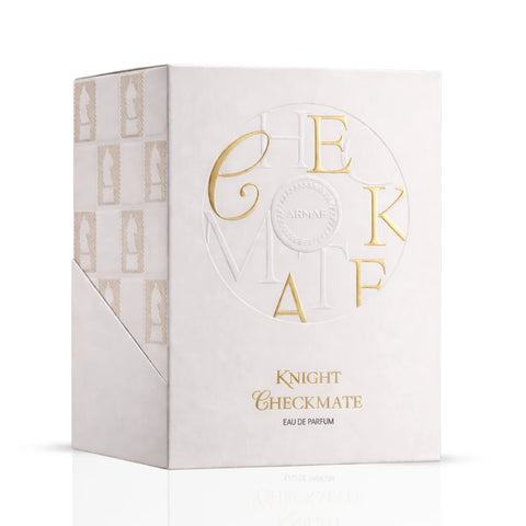 Checkmate White Knight Eau De Parfum spray by Armaf, 100ml, featuring a sleek bottle design and elegant white accents.