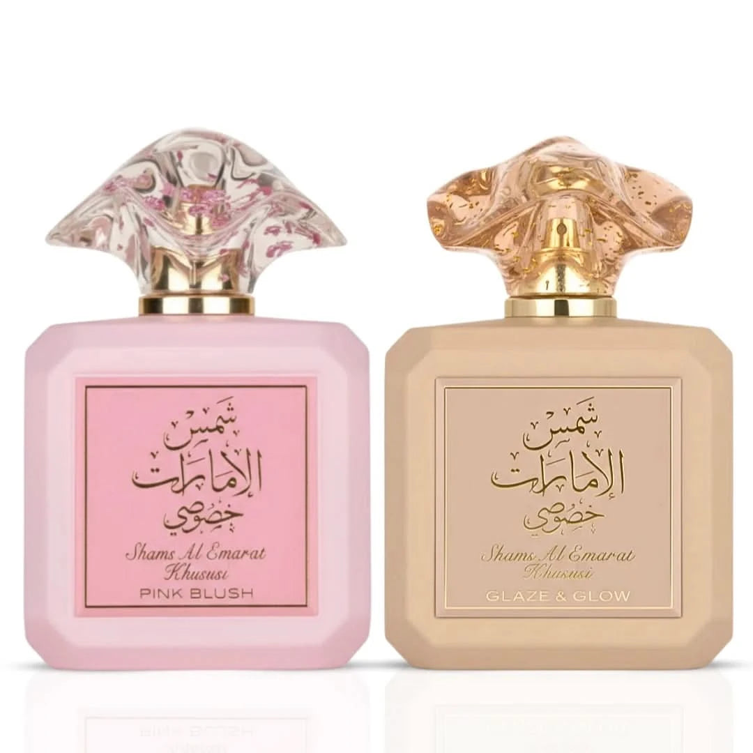 Bundle of Ard Al Zaafaran Shams Al Emarat Khususi Pink Blush and Glow Eau de Parfum sprays, 100ml bottles, featuring pink and elegant packaging