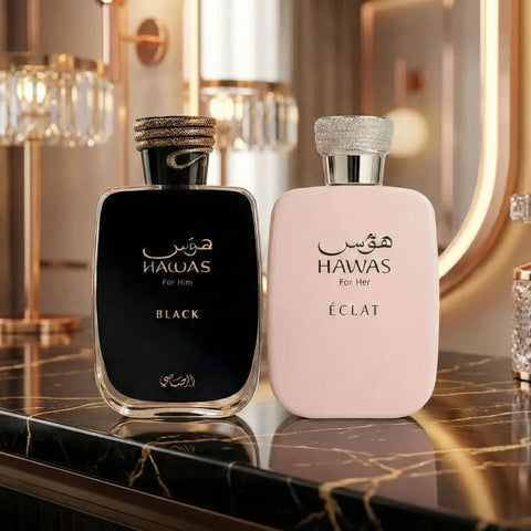Bundle of Rasasi Hawas Black and Hawas For Her Eclat Eau de Parfum sprays, 100ml each, featuring sleek bottles and elegant packaging.