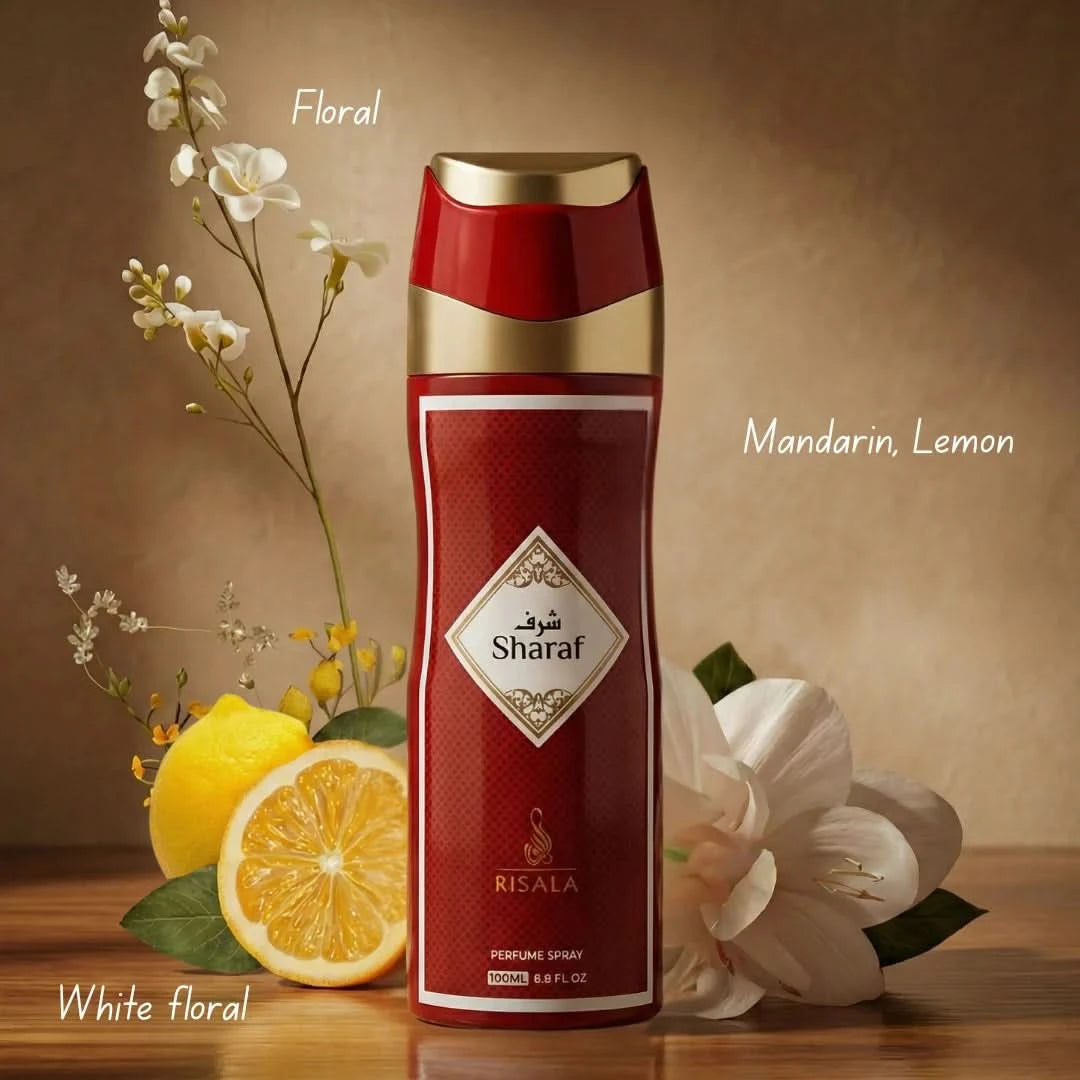 Risala Sharaf perfumed deodorant body spray 200ml bottle with sleek design and cap, ideal for refreshing and long-lasting scent.