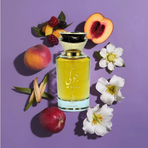 RISALA Jockey EDP Eau De Parfum 100ML in velvet pouch, featuring elegant bottle with a sleek design and floral fragrance accents.