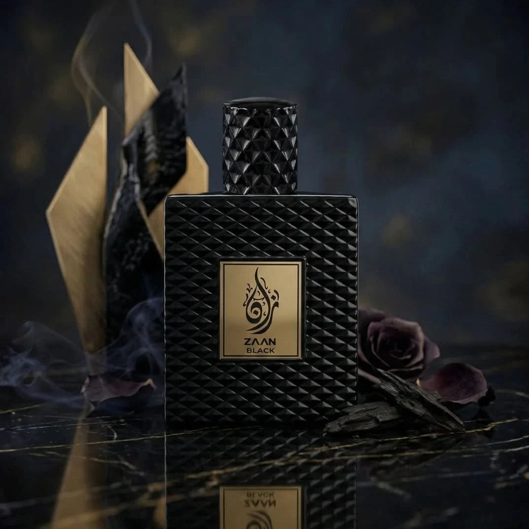 Aura Fragrances Zaan Black Eau De Parfum spray 100ml bottle, sleek black design, premium fragrance for men and women.