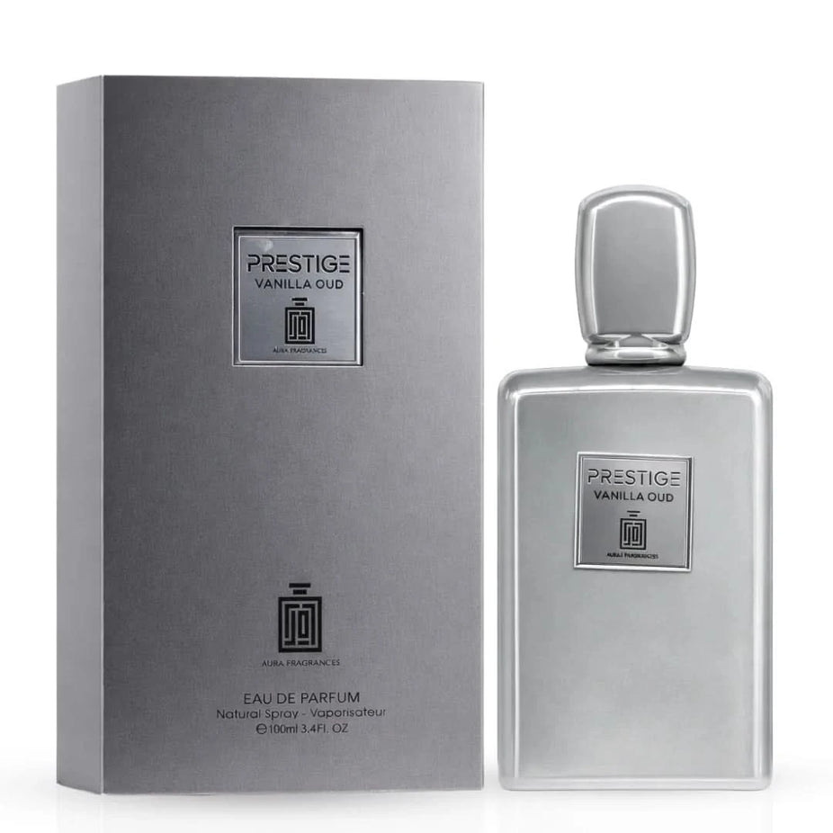 Aura by Aura Prestige Vanilla Oud Eau De Parfum spray 100ml bottle with a sleek design and elegant label image.