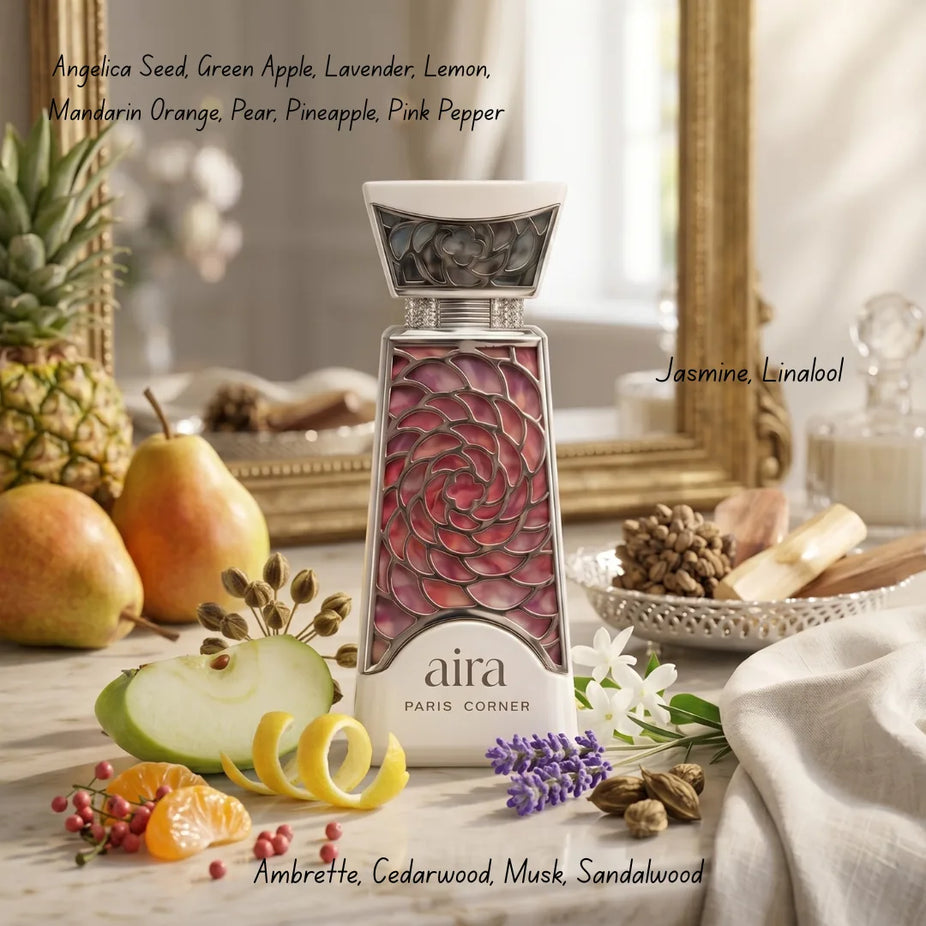 Bundle of Paris Corner The Show Magnifique and Aira Eau De Parfum sprays, 100ml each, featuring elegant perfume bottles.