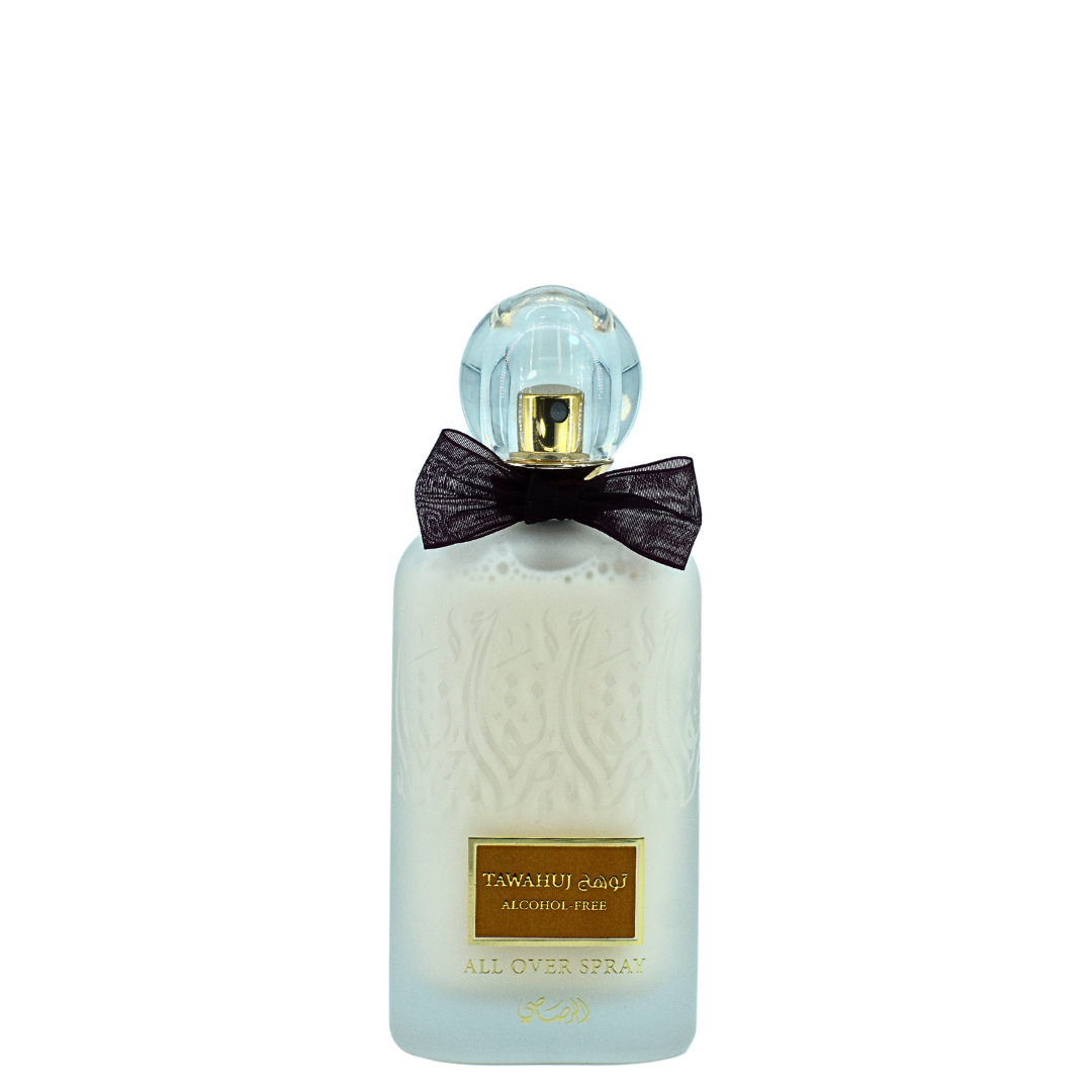 Rasasi Tawahuj All Over Spray Alcohol-Free Eau De Parfum 100ml with velvet pouch, featuring elegant bottle design and branding.